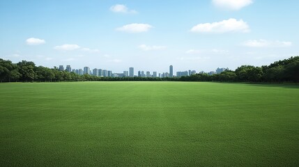 A vast green lawn stretches towards a skyline dotted with modern buildings under a clear blue sky, ideal for projects related to parks, urban planning, or outdoor events,