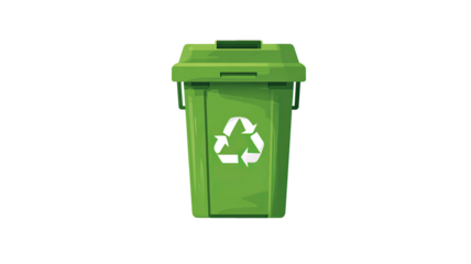 A green wheelie recycling bin stands on fresh grass in a clean environment, serving as an ecological waste container for plastic and paper rubbish to promote environmental protection