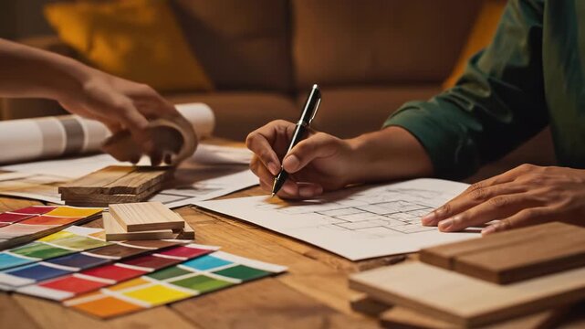 Person planning and designing with color swatches and wood samples on a table with a couch in background
