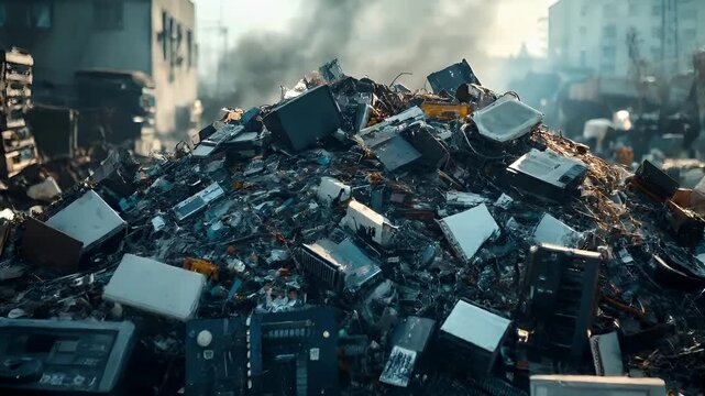 Electronic waste. Environment ecosystem pollution. Recycling. Aerial view of a cityscape with a large pile of old electronic devices, including televisions and computers, amidst a hazy atmosphere.