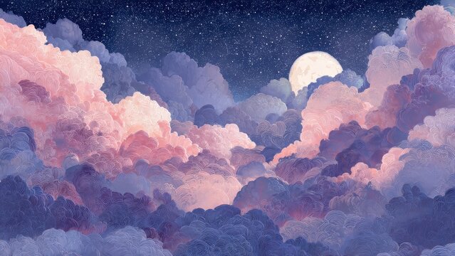 Dreamy watercolor painting of night sky with full moon, stars, and dramatic pink and purple celestial clouds