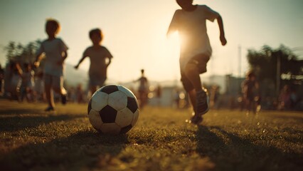 soccer ball in the air and children running after it