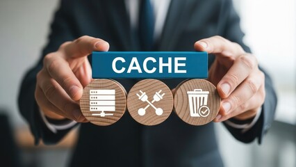 Businessman presenting cache concept with technology icons