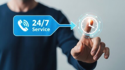 Round-the-clock customer assistance and efficient business operations concept shown through a hand interacting with a holographic display featuring 24/7 service and a clock icon