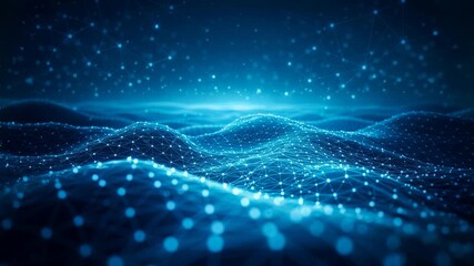 Abstract digital wave landscape with connected glowing blue particles forming a futuristic network mesh, symbolizing data flow and technological advancements across a global system - Powered by Adobe