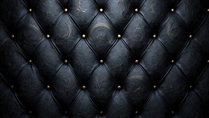 Naklejka premium Luxury black tufted leather background texture. Elegant vintage diamond pattern with brass buttons, deep padding, and dramatic lighting for furniture design or luxury concept.
