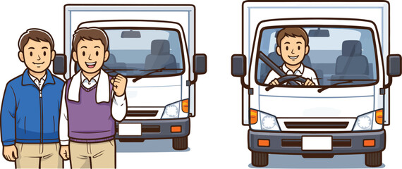 Two friendly delivery men standing proudly beside their white box trucks ready for transportation and logistics work