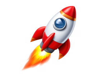 Startup rocket blasting off with flame, soaring in space, symbolizing innovation, growth, and technological progress