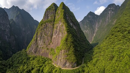 Majestic mountains rise dramatically amidst lush greenery under a clear sky, evoking a sense of adventure and exploration, Ideal for travel blogs, nature documentaries