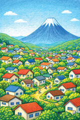 Charming Japanese village nestled in green hills beneath the majestic snow-capped silhouette of Mount Fuji illustration