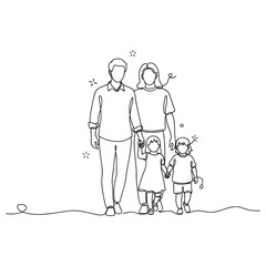Happy family outline drawing with two young children walking together, no editable stroke