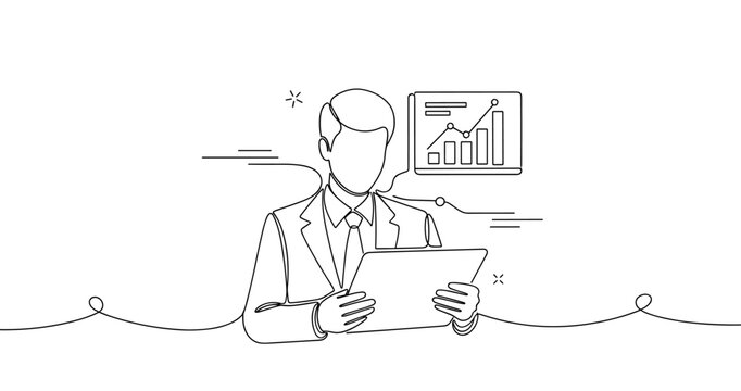 Line art of male business professional analyzing data on tablet with graph in background, no editable stroke