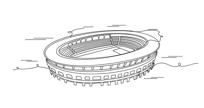 Line art illustration of an empty stadium arena with detailed architecture, no editable stroke