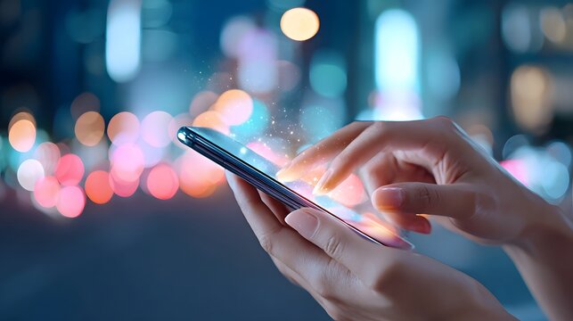 Hands interacting with a glowing smartphone screen amidst blurred colorful bokeh lights symbolizing modern technology and seamless digital connectivity - Powered by Adobe