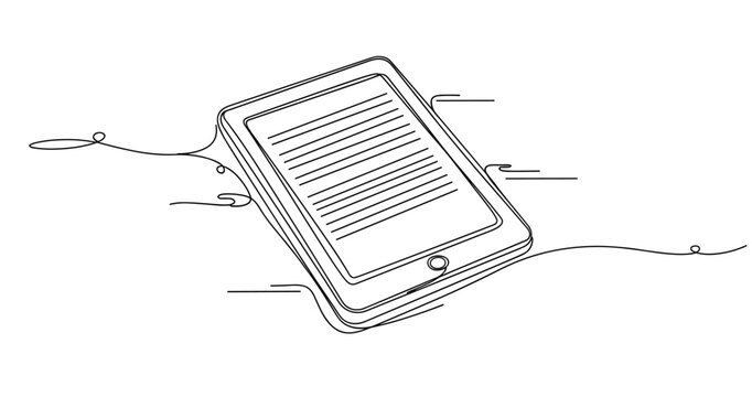 Line art of e-reader tablet with flowing lines, no editable stroke
