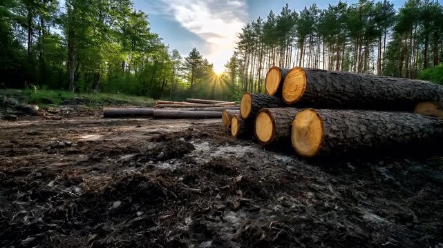 Deforestation. Environment conservation. Ecosystem. Aerial view of a forest during sunset with sunlit trees and logs on the ground. - Powered by Adobe