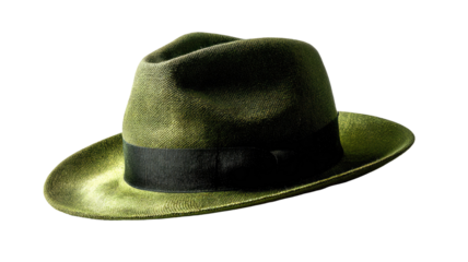 A classic green felt fedora hat with a stylish brim is isolated on a white background as a vintage fashion accessory for men