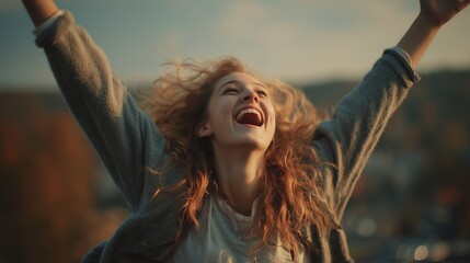 A young woman stands with her arms raised high in excitement, expressing pure joy against a scenic backdrop. This young woman embodies a sense of freedom and delight in the moment.