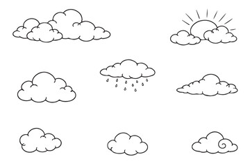 Collection of cartoon cloud shapes with sun and rain elements in a vector illustration. Featuring various cloud designs, including a sun partially hidden by clouds and a rain cloud.