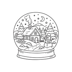 Cozy snow globe illustration featuring a snowy village, moonlit sky, and smiley snowman. Perfect for winter holiday designs