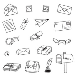 Charming hand-drawn illustrations of various mail-themed elements including letters, envelopes, stamps, and a mailbox. Vector illustration highlighting traditional communication tools.
