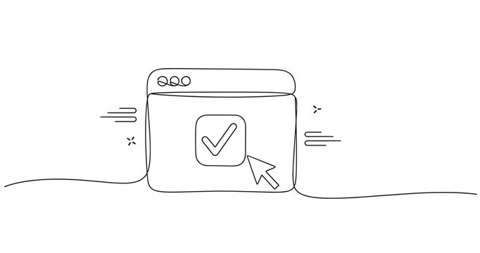 Simple line art of a web browser with a clickable check icon, no editable stroke