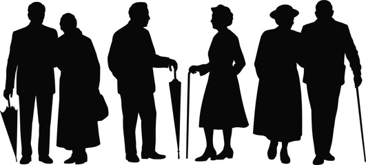 Senior citizen silhouette vector set, elderly men and women walking with canes for retirement community design