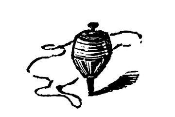 A wooden toupie (spinning top) toy in motion, showing its painted design and the physics of its spin, used for children's games and entertainment, old vintage illustration, 1897