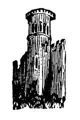 Medieval tower with vertical lines and shadows, evoking a sense of ancient architecture and fortress design, old vintage illustration, 1897