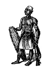 Dahomean warrior armed with a rifle fixed with a bayonet and carrying a traditional woven shield, representing the military might of the Kingdom of Dahomey, old vintage illustration, 1897.