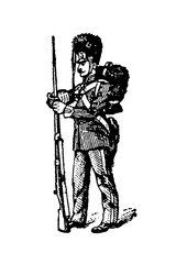 Danish army soldier from the 19th century, equipped with a rifle and fixed bayonet, showcasing the uniform and military gear of the period, old vintage illustration, 1897.