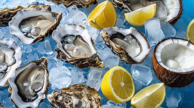 氷の上に並べた牡蠣が海の恵みとして新鮮さを強調する