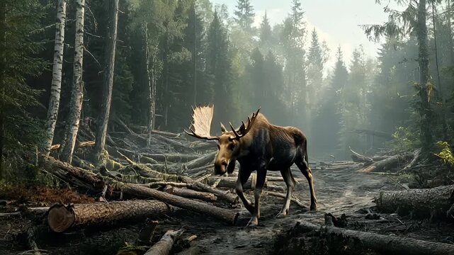 Deforestation. Environment conservation. Ecosystem. A vivid portrayal of a moose in a forest setting, captured in a digital art style. The moose is depicted in a side profile.