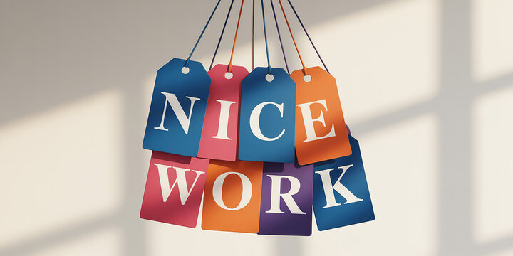 Various colorful tags spelling " NICEWORK" hang suspended with light shadows on a wall