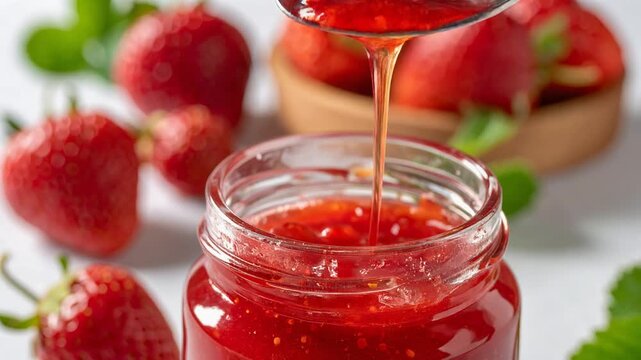 スプーンで持ち上げたいちごジャムがとろりと落ち甘味を強調する