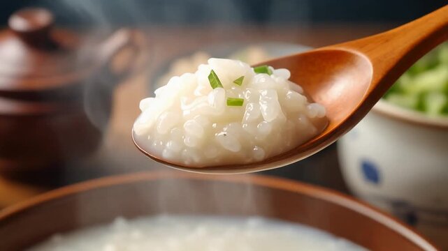 土鍋で炊いた白粥を木杓子ですくい温かい家庭の食卓を表す