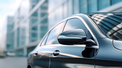 A close up view of a dark gleaming luxury car s side mirror and door handle set against a soft focus background of contemporary glass buildings in a city setting