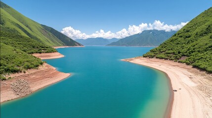 A serene lake bordered by lush green mountains under a bright blue sky, The calm water reflects the vibrant landscape, making it ideal for nature-related projects, travel blogs
