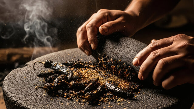 mole paste preparation, grinding charred chilies on stone metate in rustic oaxacan kitchen