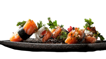 A gourmet plate of fresh grilled salmon steak served with healthy vegetables, rice, and a crisp salad makes for a delicious seafood dinner or lunch dish