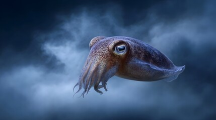 A mysterious cuttlefish with large eyes swims in dark cloudy underwater environment