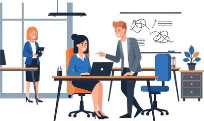 Business colleagues collaborating effectively around a laptop, discussing strategy while another professional reviews data nearby in a modern office setting.