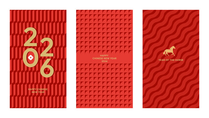 Modern Chinese New Year 2026 banner set in red and gold featuring geometric patterns, Year of the Horse symbol, and festive typography.