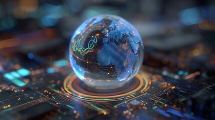 A glass globe rests on a vibrant circuit board, displaying interconnected digital patterns as it symbolizes the global economy. The globe highlights the network of trade and techno