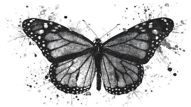 A black and white illustration of a butterfly with spots