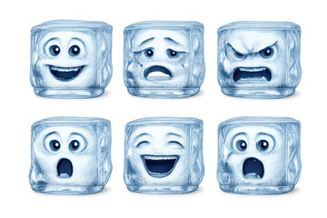 Ice cube character set featuring various facial emotions. Cold, blue frozen cartoon emojis expressing happiness, sadness, anger, and surprise