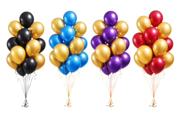 Four distinct bouquets of metallic helium balloons featuring black gold blue purple and red color schemes for celebrations on transparent background