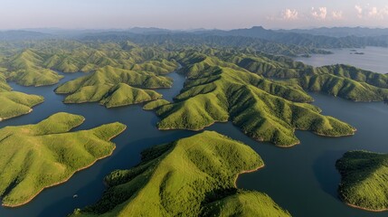 A panoramic view of lush green hills surrounded by a tranquil lake, perfect for illustrating nature's beauty, outdoor activities, or environmental topics, Ideal for articles, travel promotions