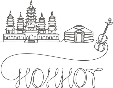 Hohhot city landmarks and Mongolian cultural symbols single line vector illustration