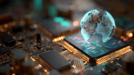 A glowing globe is displayed above a detailed circuit board, symbolizing global connections in technology. The vibrant circuit board illuminates the complexities of modern data net
